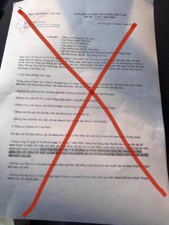 Bộ Giao thông Vận tải khẳng định văn bản dừng toàn bộ hoạt động vận tải trên toàn quốc là giả mạo
