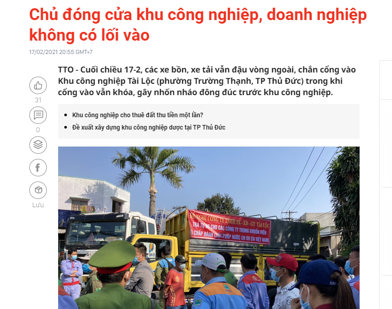 TP Thủ Đức phản hồi báo Tuổi Trẻ về việc nhốn nháo tại Khu công nghiệp Tài Lộc