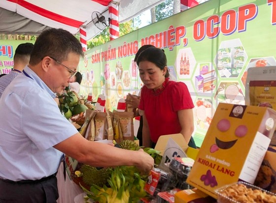 Các đại biểu tham quan gian hàng sản phẩm OCOP của tỉnh Vĩnh Long