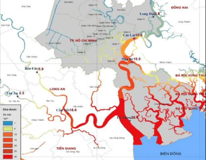 Trên sông Sài Gòn, độ mặn 4‰ có thể vào sâu thêm 5 km trong những ngày tới do triều cường cao kết hợp với gió mùa đông bắc mạnh