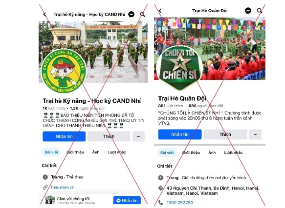 Nhiều fanpage giới thiệu Trại hè Công an Nhân dân, Quân đội Nhân dân có dấu hiệu lừa đảo. (Nguồn: Công an thành phố Hà Nội)