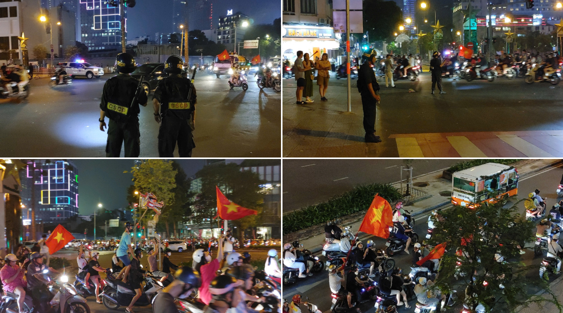 Lực lượng an ninh chốt chặn, giám sát đoàn người xuống đường ăn mừng.